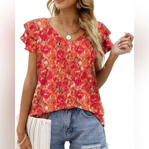 Womens Summer Tops Ruffle Short Sleeve V Neck T-Shirts Casual Loose Fit